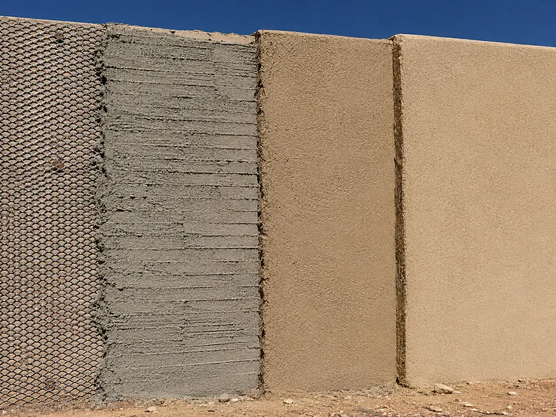 Wall showing lath, scratch coat, brown coat and finish coat in sequence