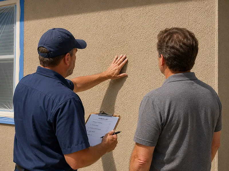 Contractor and owner walking a finished stucco wall with a punch list