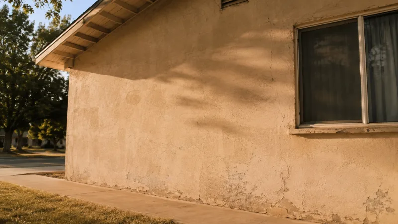 Weathered stucco wall with cracks and staining