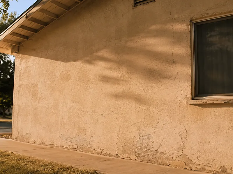 Crazing and spalling along the base of a weathered ranch-house stucco wall