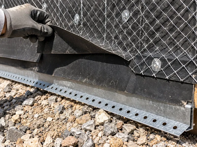 Weep screed at the base of a wall, with the barrier lapped over it above the gravel